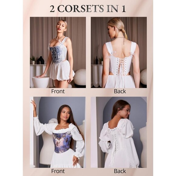 Women Print Reversible Overbust Corset Vintage Rococo Medusa Print 15 Boned - Picture 6 of 7